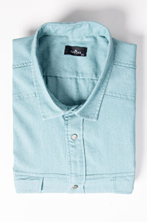 Büyük Beden Uzun Kollu Yıkamalı Çift Cepli Armürlü Denim Kot Mint Erkek Gömlek