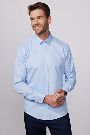 Modern Fit %100 Pamuk Armürlü Leke Tutmaz Mavi Gömlek
