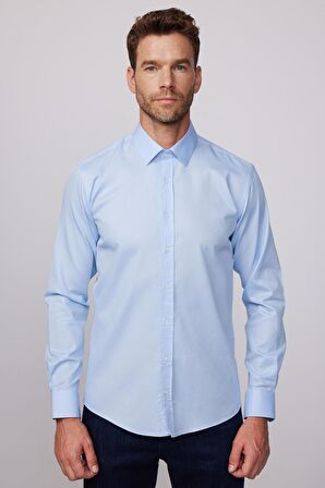 Modern Fit %100 Pamuk Armürlü Leke Tutmaz Mavi Gömlek