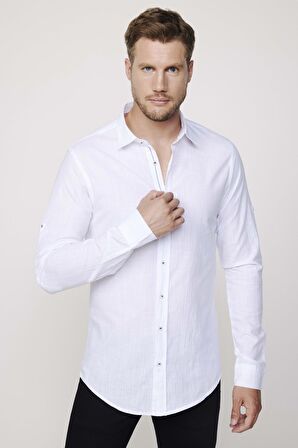 Slim Fit Uzun Kol Apoletli Keten Düz Beyaz  Erkek Gömlek