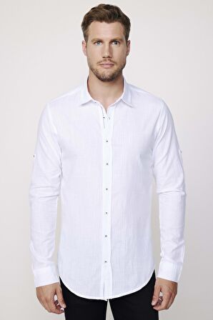 Slim Fit Uzun Kol Apoletli Keten Düz Beyaz  Erkek Gömlek