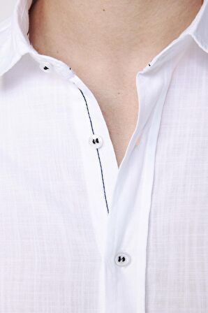 Slim Fit Uzun Kol Apoletli Keten Düz Beyaz  Erkek Gömlek