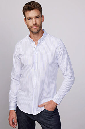 Slim Fit Uzun Kollu Çizgili Yaka Düğmeli Erkek Gömlek
