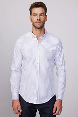 Slim Fit Uzun Kollu Çizgili Yaka Düğmeli Erkek Gömlek