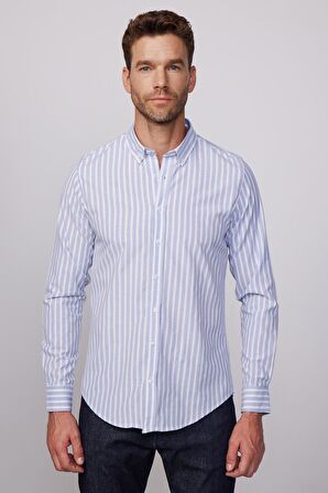 Slim Fit Uzun Kol Çizgili Yaka Düğmeli Erkek Gömlek