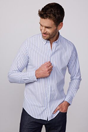 Slim Fit Uzun Kol Çizgili Yaka Düğmeli Erkek Gömlek