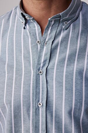 Slim Fit Uzun Kol Çizgili Yaka Düğmeli Erkek Gömlek