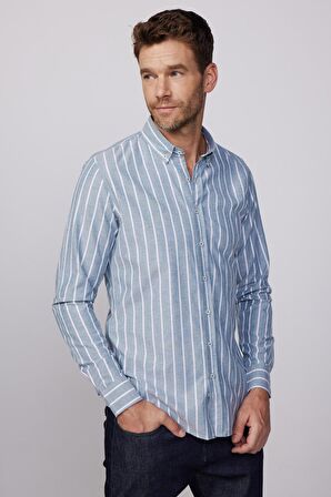 Slim Fit Uzun Kol Çizgili Yaka Düğmeli Erkek Gömlek