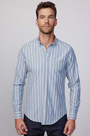 Slim Fit Uzun Kol Çizgili Yaka Düğmeli Erkek Gömlek