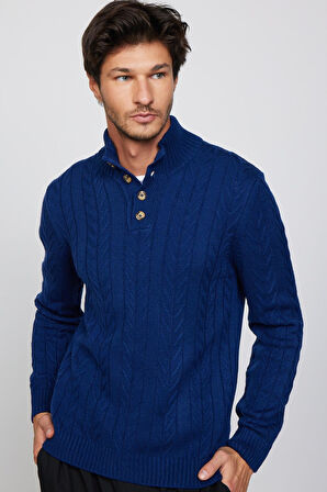 Erkek Slim Fit Dar Kesim Yumuşak Dokulu Desenli Dik Yaka Düğmeli Triko Saks Mavi Kazak