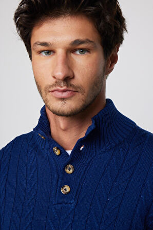 Erkek Slim Fit Dar Kesim Yumuşak Dokulu Desenli Dik Yaka Düğmeli Triko Saks Mavi Kazak