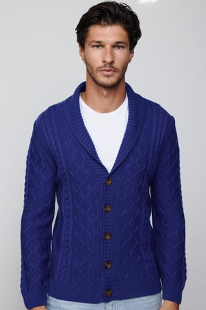 Slim Fit Dar Kesim Desenli Yumuşak Dokulu Düğmeli Sax Mavi Erkek Hırka