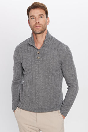 Erkek Slim Fit Dar Kesim Yumuşak Dokulu Desenli Dik Yaka Düğmeli Triko Gri Kazak
