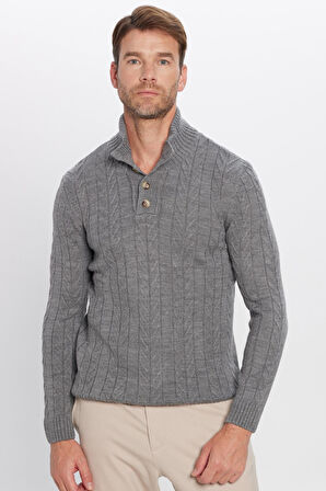 Erkek Slim Fit Dar Kesim Yumuşak Dokulu Desenli Dik Yaka Düğmeli Triko Gri Kazak