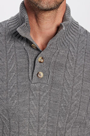 Erkek Slim Fit Dar Kesim Yumuşak Dokulu Desenli Dik Yaka Düğmeli Triko Gri Kazak