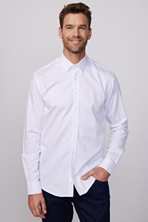 Modern Fit %100 Pamuk Armürlü Premium Beyaz Erkek Gömlek