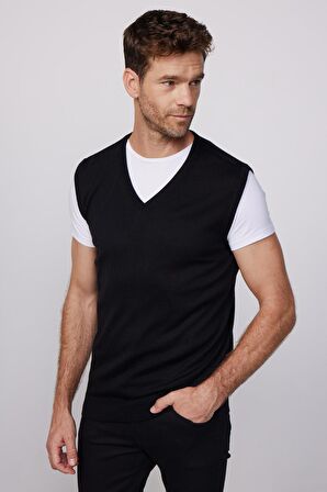 Slim Fit Dar Kesim V Yaka Kendinden Desenli Siyah Erkek Süveter