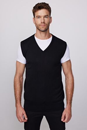 Slim Fit Dar Kesim V Yaka Kendinden Desenli Siyah Erkek Süveter