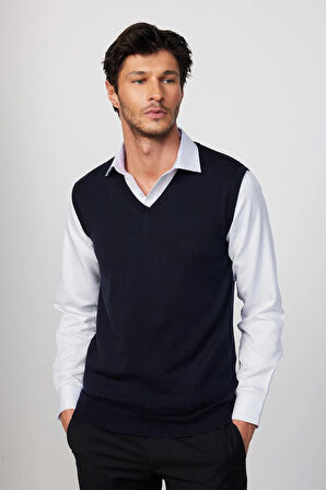 Slim Fit Dar Kesim V Yaka Kendinden Desenli Lacivert Erkek Süveter