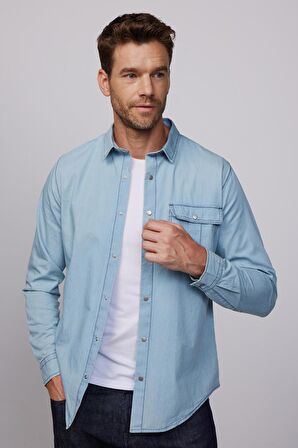 Slim Fit Uzun Kol Çıt Çıtlı Tek Cep Kapaklı Denim Mavi Erkek Gömlek