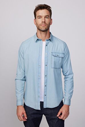 Slim Fit Uzun Kol Çıt Çıtlı Tek Cep Kapaklı Denim Mavi Erkek Gömlek