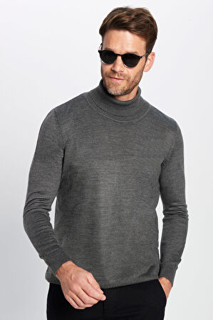 Erkek Slim Fit Dar Kesim Yumuşak Dokulu Tüylenmeyen Gri Tam Balıkçı Yaka Triko Kazak
