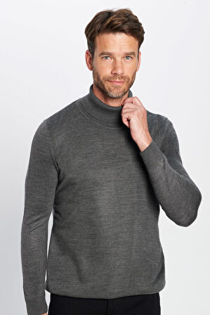 Erkek Slim Fit Dar Kesim Yumuşak Dokulu Tüylenmeyen Gri Tam Balıkçı Yaka Triko Kazak