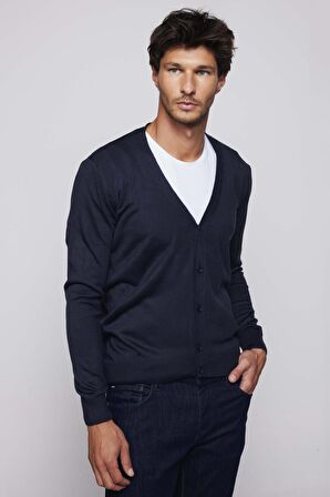 Slim Fit Dar Kesim Düğmeli Düz Tüylenmeyen Yumuşak Dokulu Lacivert Erkek Hırka