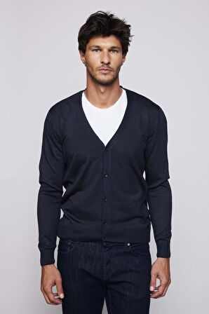 Slim Fit Dar Kesim Düğmeli Düz Tüylenmeyen Yumuşak Dokulu Lacivert Erkek Hırka