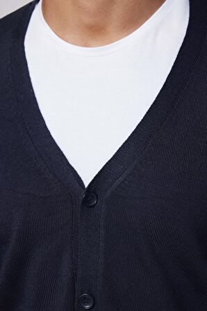 Slim Fit Dar Kesim Düğmeli Düz Tüylenmeyen Yumuşak Dokulu Lacivert Erkek Hırka
