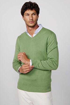 Slim Fit V Yaka Pamuklu Yeşil Erkek Kazak