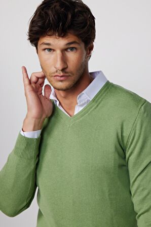 Slim Fit V Yaka Pamuklu Yeşil Erkek Kazak