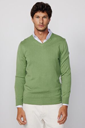 Slim Fit V Yaka Pamuklu Yeşil Erkek Kazak