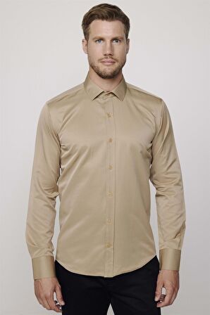 Modern Slim Fit Düz Saten Pamuklu Erkek Krem Gömlek