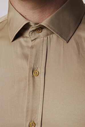 Modern Slim Fit Düz Saten Pamuklu Erkek Krem Gömlek