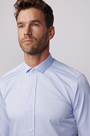 Modern Slim Fit Düz Saten Pamuklu Mavi Erkek Gömlek