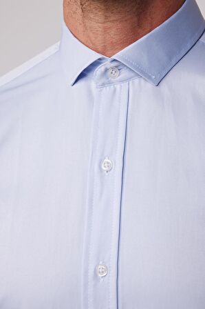 Modern Slim Fit Düz Saten Pamuklu Mavi Erkek Gömlek