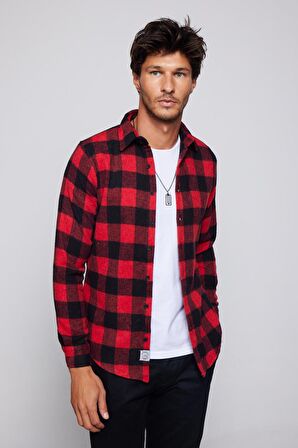 Slim Fit Dar Kesim Kareli Spor Yaka Oduncu Erkek Gömlek