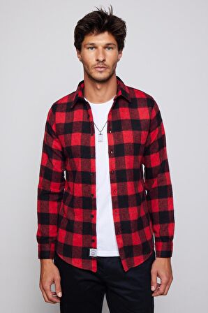 Slim Fit Dar Kesim Kareli Spor Yaka Oduncu Erkek Gömlek