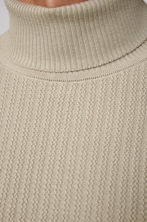 Slim Fit Tam Boğazlı Tüylenme Yapmayan Taş Rengi Erkek Kazak