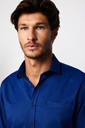 Erkek Regular Fit Klasik Kesim Kravatlık Armürlü İndigo Gömlek