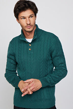 Erkek Slim Fit Dar Kesim Yumuşak Dokulu Desenli Dik Yaka Düğmeli Triko Yeşil Kazak