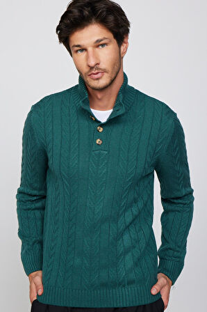 Erkek Slim Fit Dar Kesim Yumuşak Dokulu Desenli Dik Yaka Düğmeli Triko Yeşil Kazak
