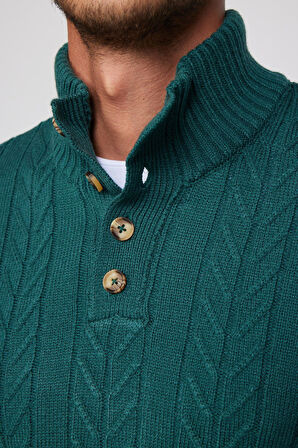 Erkek Slim Fit Dar Kesim Yumuşak Dokulu Desenli Dik Yaka Düğmeli Triko Yeşil Kazak