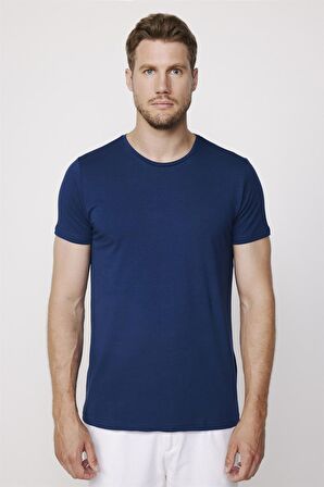 Slim Fit Bisiklet Yaka Düz Basıc Kısa Kol Lacivert T-Shirt