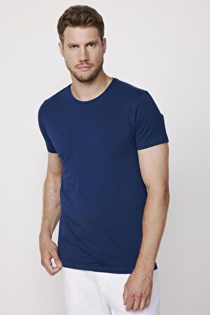 Slim Fit Bisiklet Yaka Düz Basıc Kısa Kol Lacivert T-Shirt
