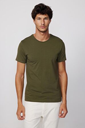 Slim Fit Bisiklet Yaka Düz Basıc Kısa Kol Haki T-Shirt
