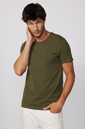 Slim Fit Bisiklet Yaka Düz Basıc Kısa Kol Haki T-Shirt