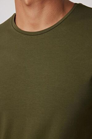 Slim Fit Bisiklet Yaka Düz Basıc Kısa Kol Haki T-Shirt