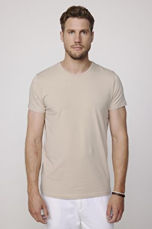 Slim Fit Bisiklet Yaka Düz Basıc Kısa Kol Taş Rengi T-Shirt